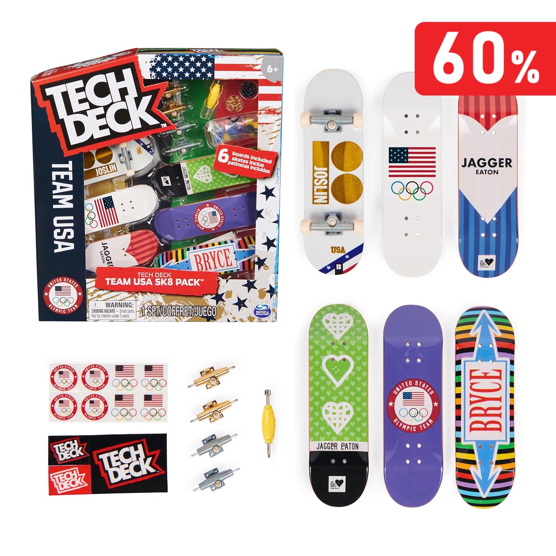 Tech Deck - Team USA Juegos Olímpicos de París 2024 (paquete de 6)